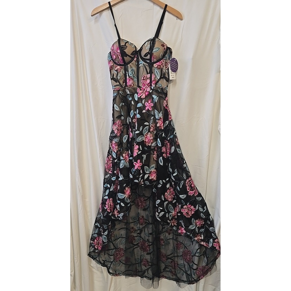 Windsor Black Floral Embroidered high low cocktail Dress